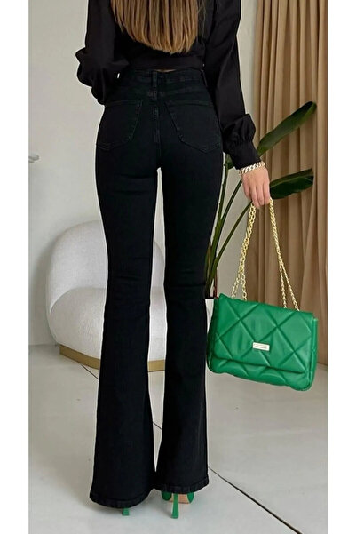 Trn JNS Lianna Gold Black Flared Jeans Flared Leg Denim Trousers High Waist Loose (Extra Comfortable)