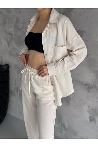 diaves Linen Blended - Stone Colored Alaçatı Style Shirt