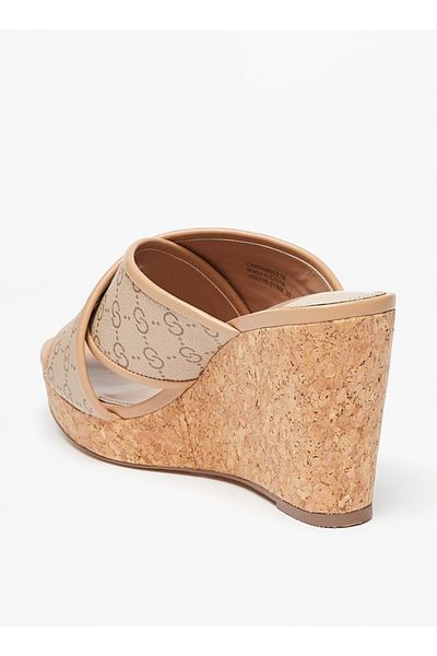 Celeste Women's Monogram Print Cross Strap Sandals with Wedge Heels