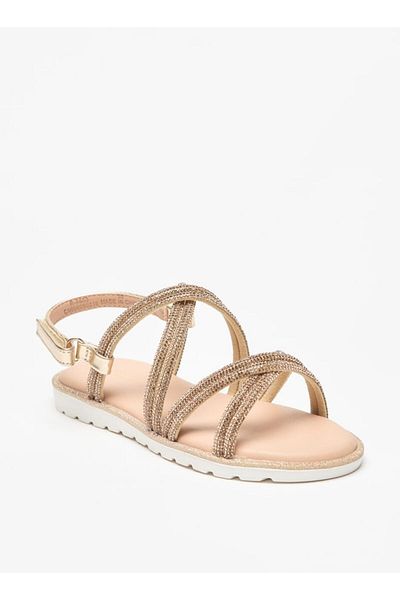 Juniors Embellished Cross Strap Sandals with Hook and Loop Closure