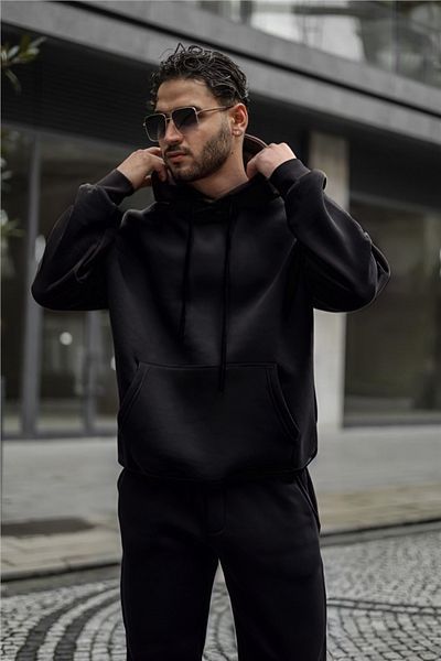 BayBayan Ανδρικό μαύρο 3 κλωστών Jogger Hooded Kangaroo Pocket Oversize αθλητικό σετ αθλητικών φόρμας