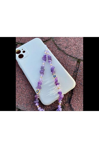 Stoneday Evil Eye Beaded Gold Detailed Amethyst Broken Natural Stone Phone Strap Charm Accessory