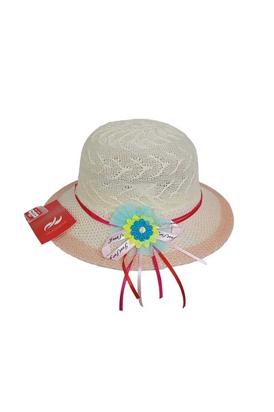 Kitti Spteks 6-12 Years Old Girl's Cream Color Summer Straw Hat with Ribbon and Flower Figure
