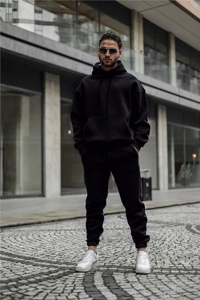 BayBayan Ανδρικό μαύρο 3 κλωστών Jogger Hooded Kangaroo Pocket Oversize αθλητικό σετ αθλητικών φόρμας