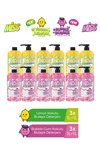 Miss MİSS BULAŞIK DETERJANI (LMN+LMN Y)x3+(BUB+BUB Y)x3 1+1L x 6 ADET SET