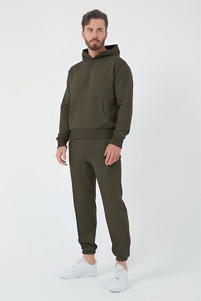 BayBayan Ανδρικό Σετ Αθλητική Φόρμα Χακί Πράσινη Oversize - Ψηλόμεση, Φούτσα, Βαμβακερή, Τσέπες Καγκουρό