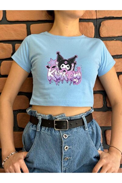 MECH BUTİK Дівчача синя коротка футболка - з принтом (KUROMİYENİSEZON)