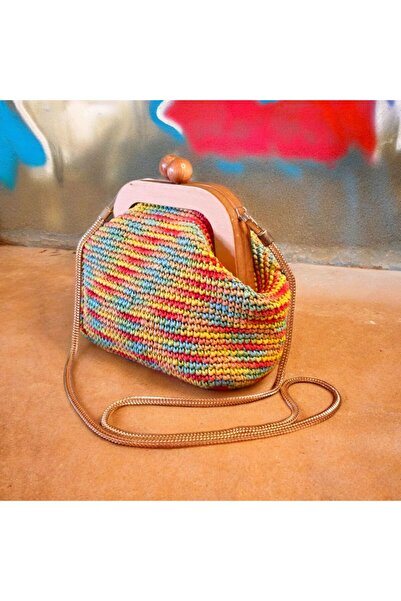 Ahşap Burslu ve Metal Askılı ,Renkli Clutch Çanta
