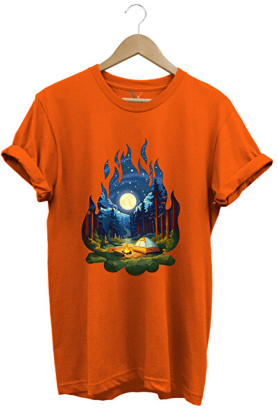 WİDİ تصميم خاص لـ Camper - تي شيرت مصنوع من القطن بنسبة 100% مع شعلة تخييم وخيمة وتفاصيل طبيعة