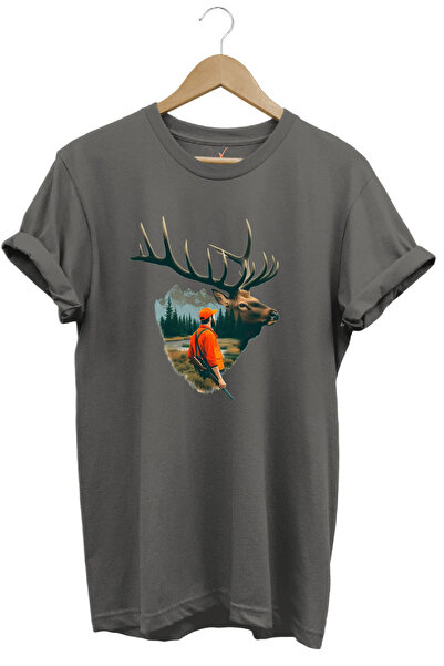 WİDİ Tricou cu temă Nature Hunting Deer și Hunter imprimat 100% bumbac gri