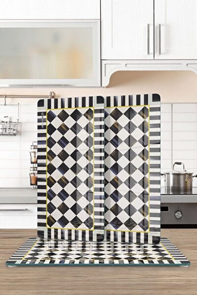 Decovetro MacKenzie Black and White Checkered 3-Piece Rectangular Plate - Glass Presentation Service