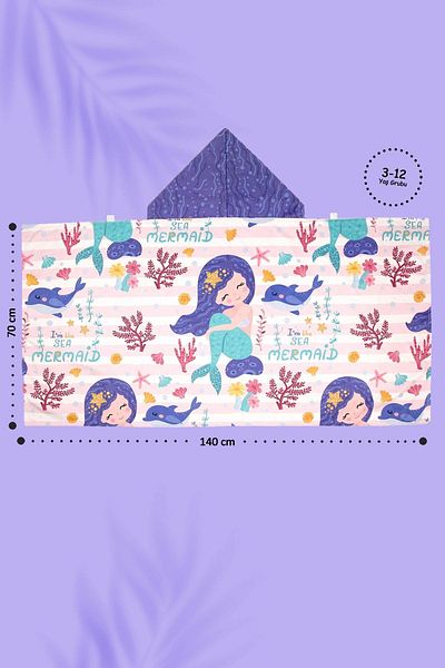 HAMUR Hooded Children's Beach Towel Mermaid Purple Front Velcro