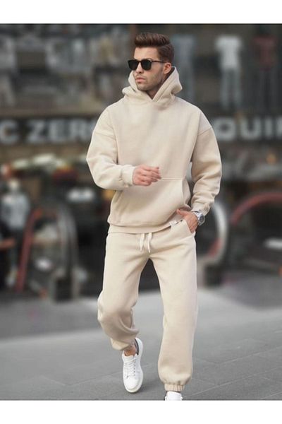 BayBayan Ανδρικό μπεζ 3 κλωστών ψηλόμεσο Jogger Hoodie Kangaroo Oversize Σετ αθλητική φόρμα με τσέπες