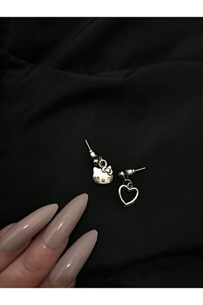 bohemian takı tasarim Hello Kitty Ve Kalp Küpe Antik Gümüş Kaplama