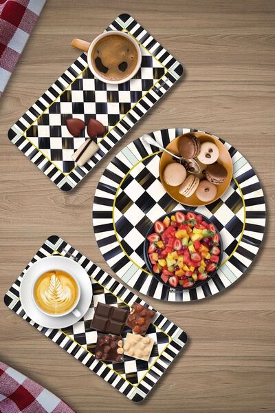 Decovetro MacKenzie 3-Piece Round Set - Glass Presentation Service, Black and White Checkered