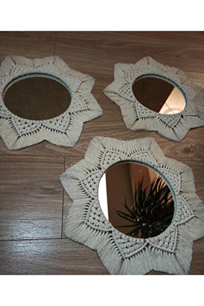 UG Wood Design - 3'lü Dekoratif Ekru (KREM - BEJ) Bohem Makrome Ayna Kombini