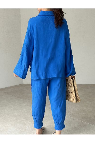 EDLİNGERİE Saks Blue Muslin Fabric Women's Pants Shirt Bottom Top Set
