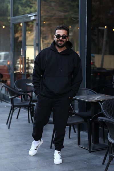 BayBayan Ανδρικό μαύρο σετ φόρμας με κουκούλα με 3 κλωστές με ψηλή μέση Jogger Hooded Casual Loose Fit