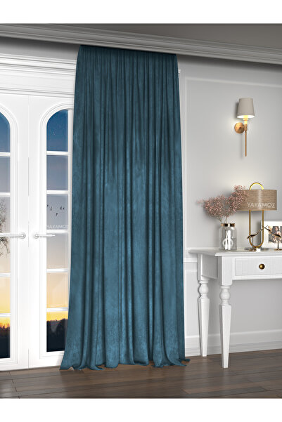 Yakamoz Kadife Görünüm Güvercin Mavisi Ada Fon Perde Ekstraforlu Velvet Touch Serisi