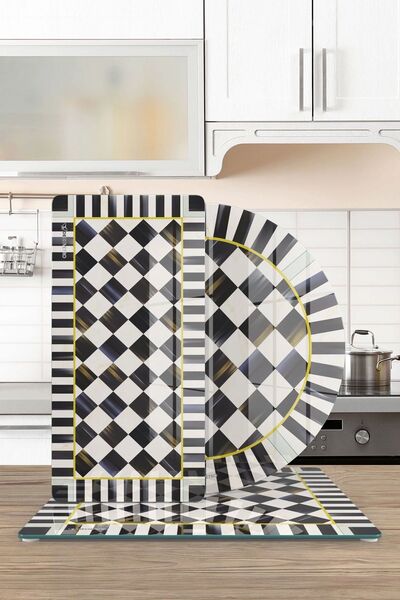 Decovetro MacKenzie 3-Piece Mixed Set - Glass Presentation Serving, Black and White Checkered Plate