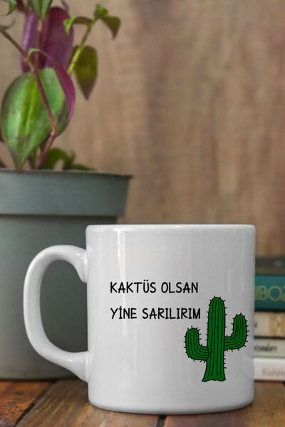 starhediyelik Beyaz Kaktüs Olsan Yine Sarılırım Kupa Bardak