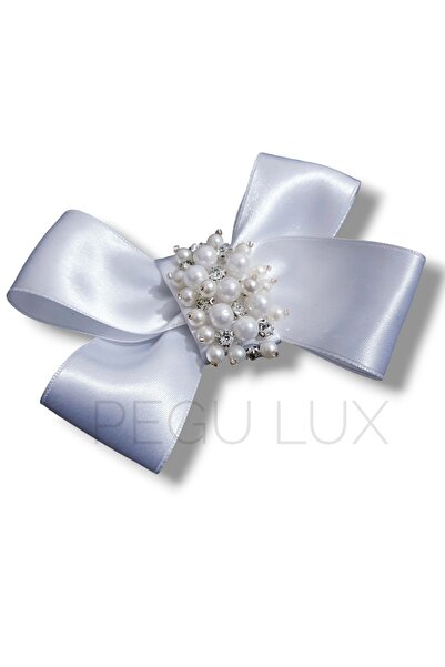 Pegu مشبك شعر العروس الأوتوماتيكي، الخطوبة، الزفاف، العودة للوطن، لوهوسا، شريط ساتان أبيض كبير مع تفاصيل حجر اللؤلؤ