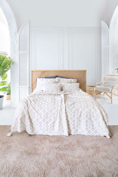 HAMUR İskandinav Yatak Örtüsü Seti Çift Kişilik Set Bohem Punch Panç Desen Elda Ekru