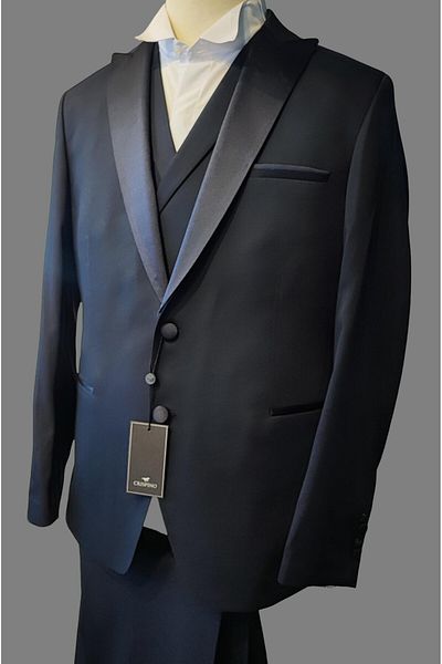 crispino Navy Blue Men's Tuxedo Suit - Groom Suit Jacket, Trousers and Vest