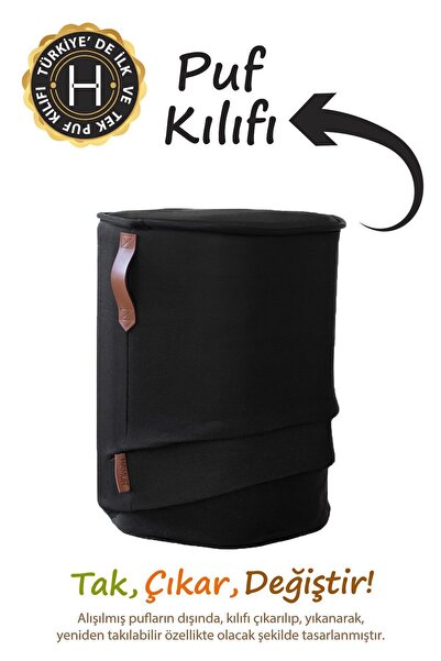 HAMUR Yıkanabilir Puf Tabure Kılıfı Tak-Çıkar-Değiştir-Yenile Orta Sehpa Kılıfı Kc Meek Siyah