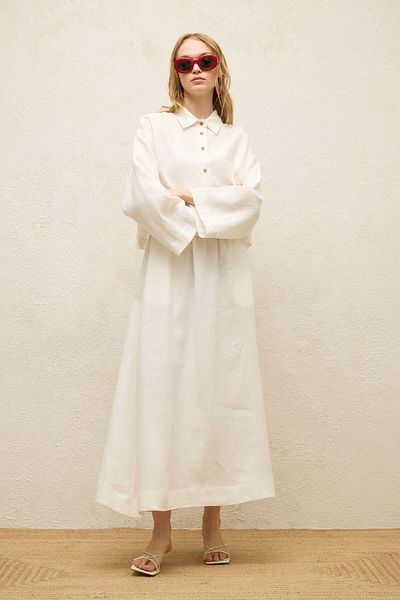 Manuka Ecru Leinen-Crop-Shirt – lange Ärmel