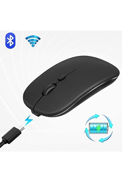 HyMark Sessiz Tıklama Şarjlı Çift Modlu Bluetooth Kablosuz 2.4Ghz Siyah Mouse