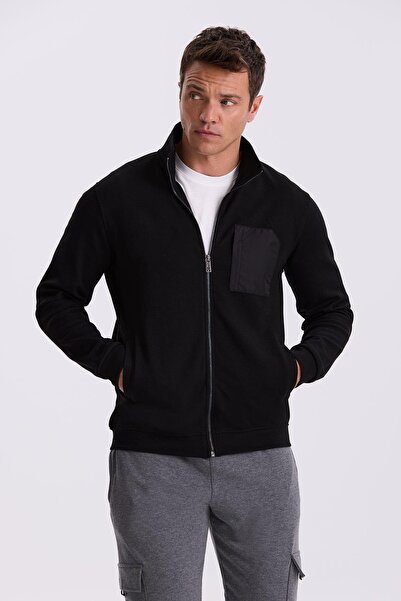 Jakamen Top de trening negru din bumbac cu slim fit fermoare material elastic