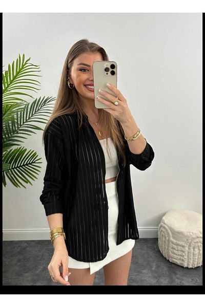 laughs Women's Zippered Casual Cut Transparent Stripe Detailed Oversize Basic Shirt Gm7788