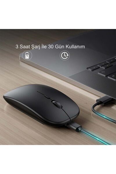 HyMark Sessiz Tıklama Şarjlı Çift Modlu Bluetooth Kablosuz 2.4Ghz Siyah Mouse