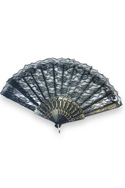 YELPAZE Tüllü Gelin 877-12 Tül Detaylı Dekoratif Gelin Yelpaze Siyah