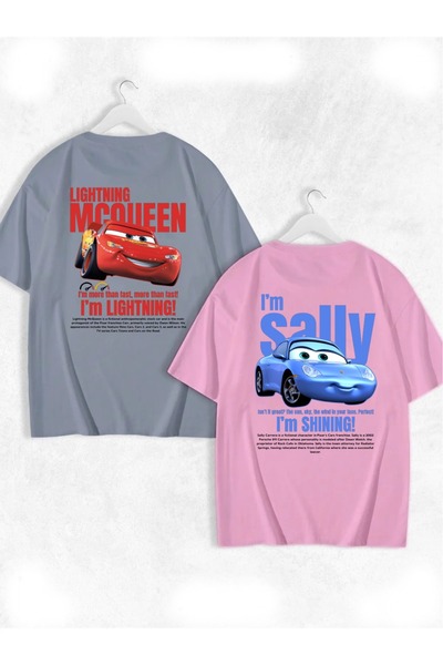 FULL TOLERANCE - Unisex Siyah Beyaz I'm Sally Ve Şimşek McQueen Cars Baskılı 2'li Kısa Kol %100 Pamuk T-shirt