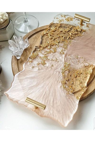 Lemur Sineklik Gold Leaf Rectangular Wavy Patterned Promise Engagement Groom Epoxy Presentation Tray for Two