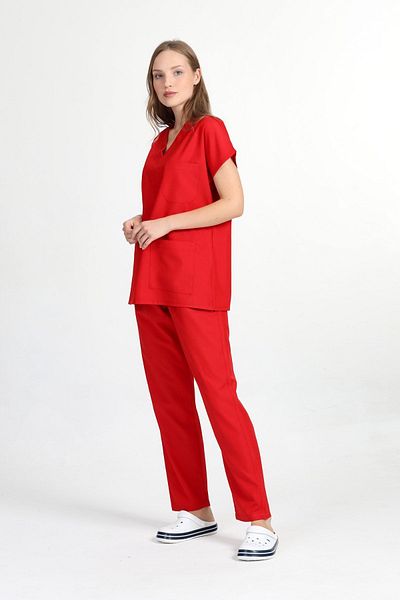 BAŞAK Κόκκινο βαμβακερό Lycra Unisex Νυχτερίδα μανίκι νοσοκόμα και ιατρική στολή νοσοκομείου