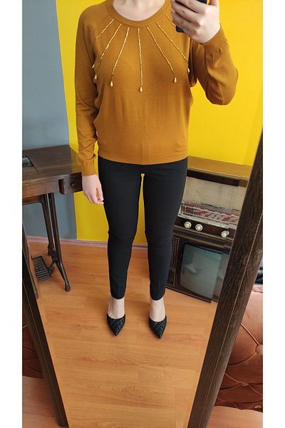 FTZ WOMEN Saffron Colored Soft and Bead Detailed Women's Sweater Blouse