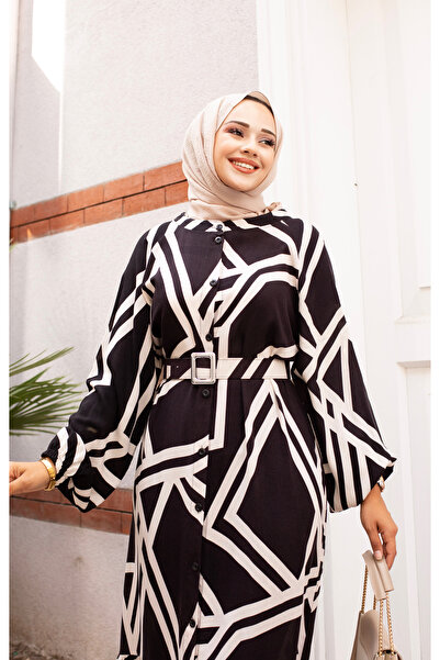 Sfg Life Moda Hijab Clothing - Women's Viscose Dress with Bicycle Collar, Buttons and Skirt Shirred, Stylish Belt