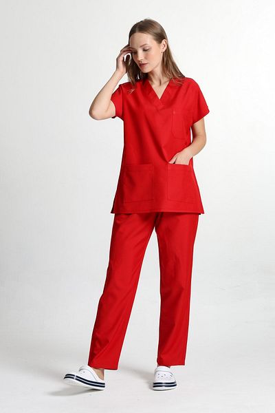 BAŞAK Κόκκινο βαμβακερό Lycra Unisex Νυχτερίδα μανίκι νοσοκόμα και ιατρική στολή νοσοκομείου