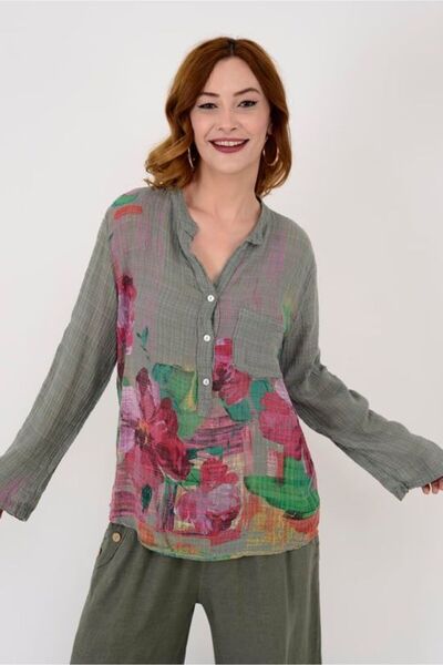 Butik Ayseba Park Moda Haki Yeşil Gelincik Desen Keten Gömlek