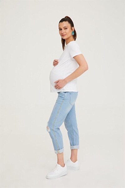 VAVIEN Hamile Boyfriend Jean Likralı Nakış Detaylı Yıpratmalı Denim Pantolon Açık Mavi 1054