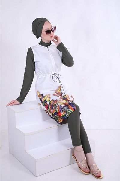 NS Tasarım Tesettür Mayo White Single Vest - Tassel Pattern, Parachute Fabric