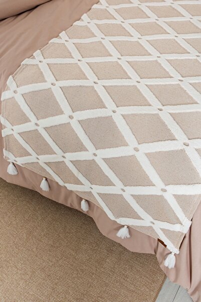 HAMUR Yatak Runner Kırlent Seti Bohem Punch Panç Desen Yatak Örtüsü Bella Bej