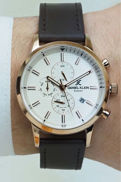Daniel Klein Sports And Stylish Dual Time Brown Leather Strap Men's Wristwatch
