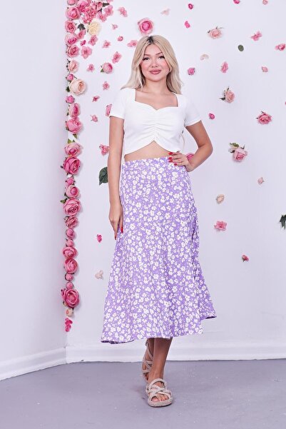 ZEYWEAR Çiçekli Yırtmaçlı Midiboy Etek