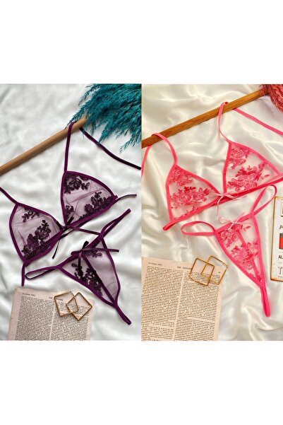 Maly Love Дамски комплект сутиен и бикини в лилаво и прасково розово