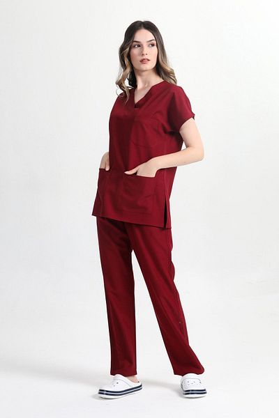 BAŞAK Unisex Claret Red Cotton Lycra Nurse and Doctor Jersey Set - Bat Sleeve Hospital Uniform