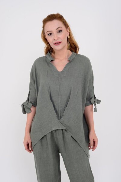 Park Moda Model B994 - Bluză de in cu decolteu în V și mânecă liliac